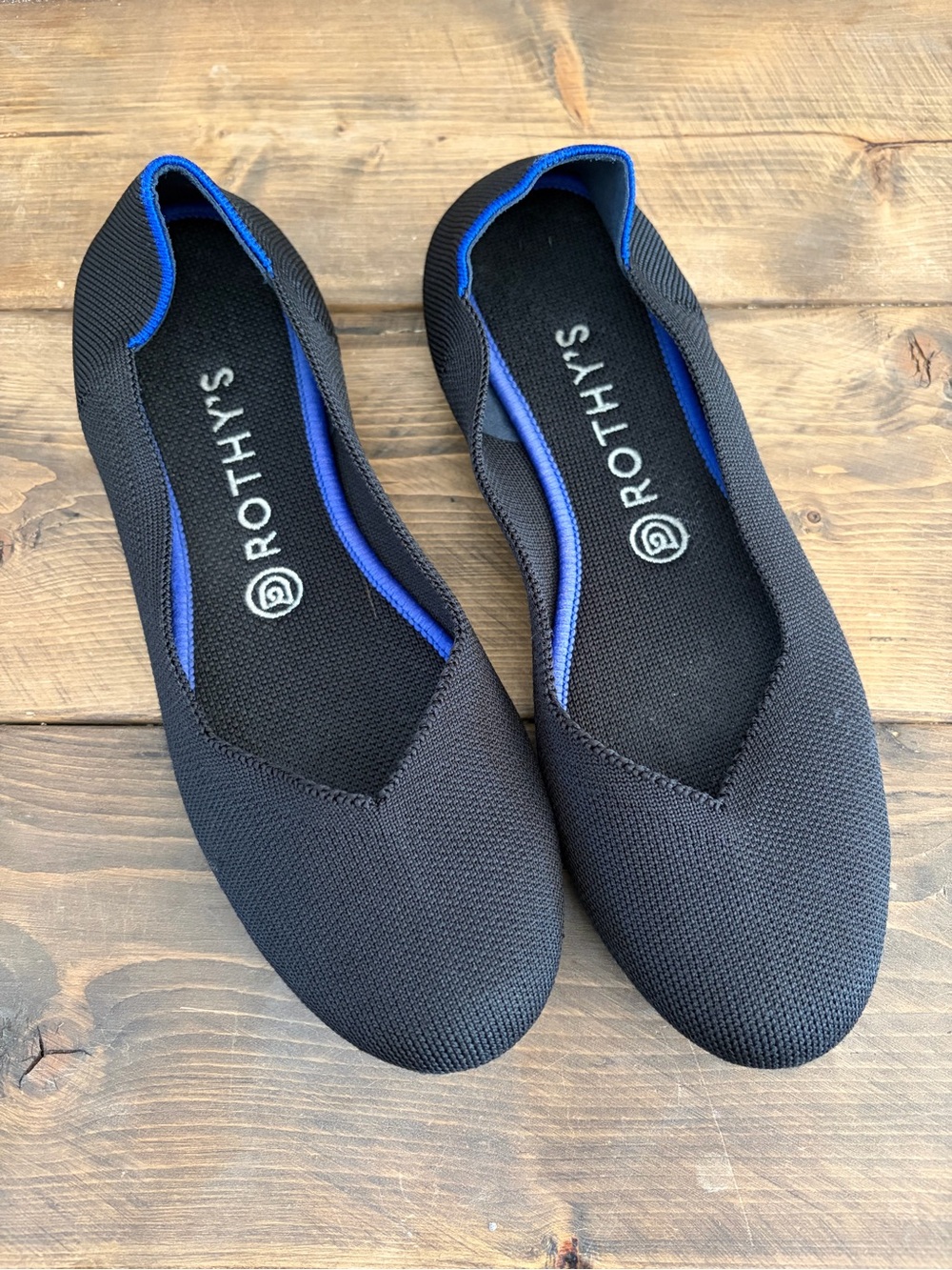 Rothy's Black Slip-On Loafers with Blue Trim